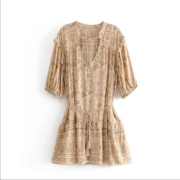 New Boho Print Tunic Cotton Summer Dress Tan - Picture 8 of 15